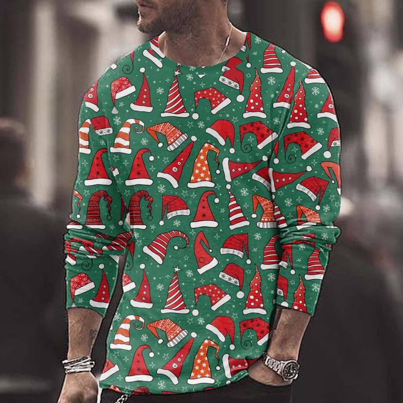 Summer Round Neck Christmas 3D Print Top Fashionable Casual Long Sleeved Men's T-shirts