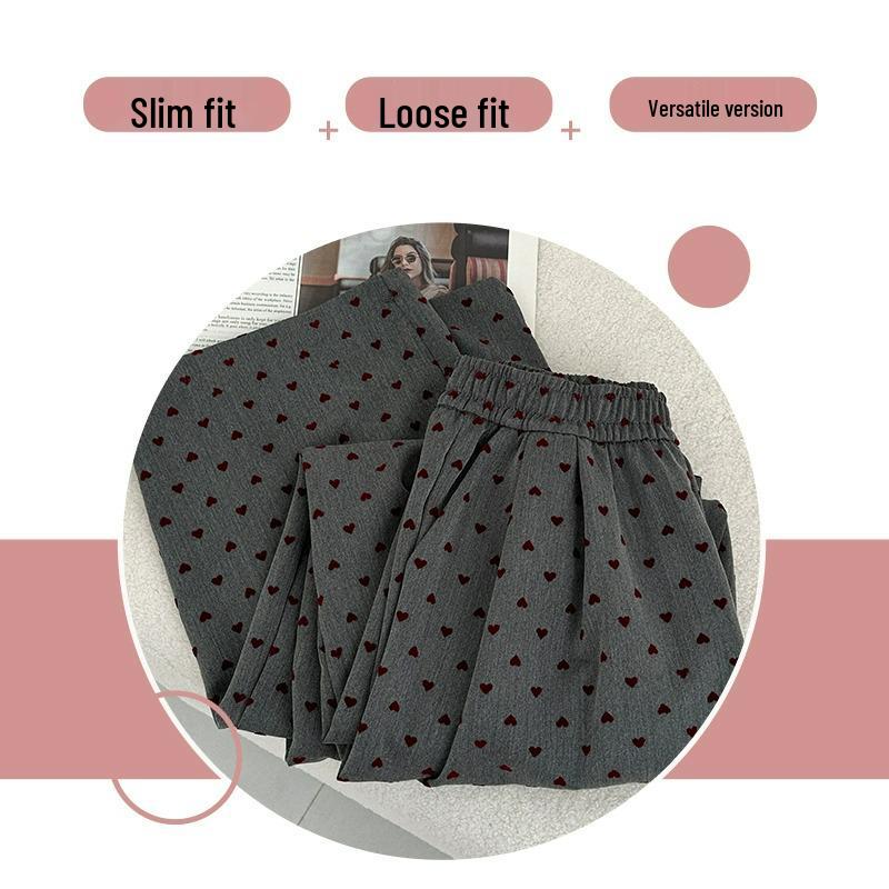 Dark Grey Heart Pattern Wide Leg High Waist Petite Women's Trousers - Spring/Summer Casual Straight Leg Floor Length Pants