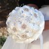 Ivory Satin Rose Bridal Bouquets with Rhinestone Pearl Ribbon for Bride Bridesmaid Quinceañera Bouquet Wedding Decor