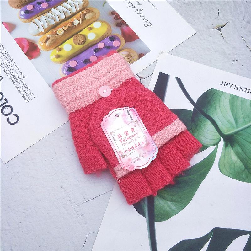 Flip Gloves Women's Autumn and Winter Wool Warm Adult Knitted Gloves Half-finger Dew Five-finger Jacquard Magic Hand Socks