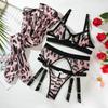 Naughty Sexy Hollow Out Pink Leopard Pattern Mesh Gauze Erotic Lingerie Bra and Thong Garter 4pcs Boudoir Sets with Stockings