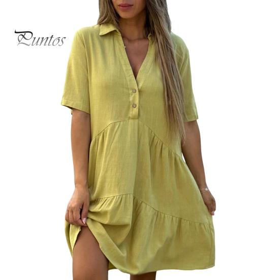 

Летнее платье миди с V-образным вырезом, лоскутным подолом, свободным А-силуэтом, короткими рукавами, плиссированным однотонным платьем длиной до колена для пляжных вечеринок и свиданий M жёлтый/зелёный