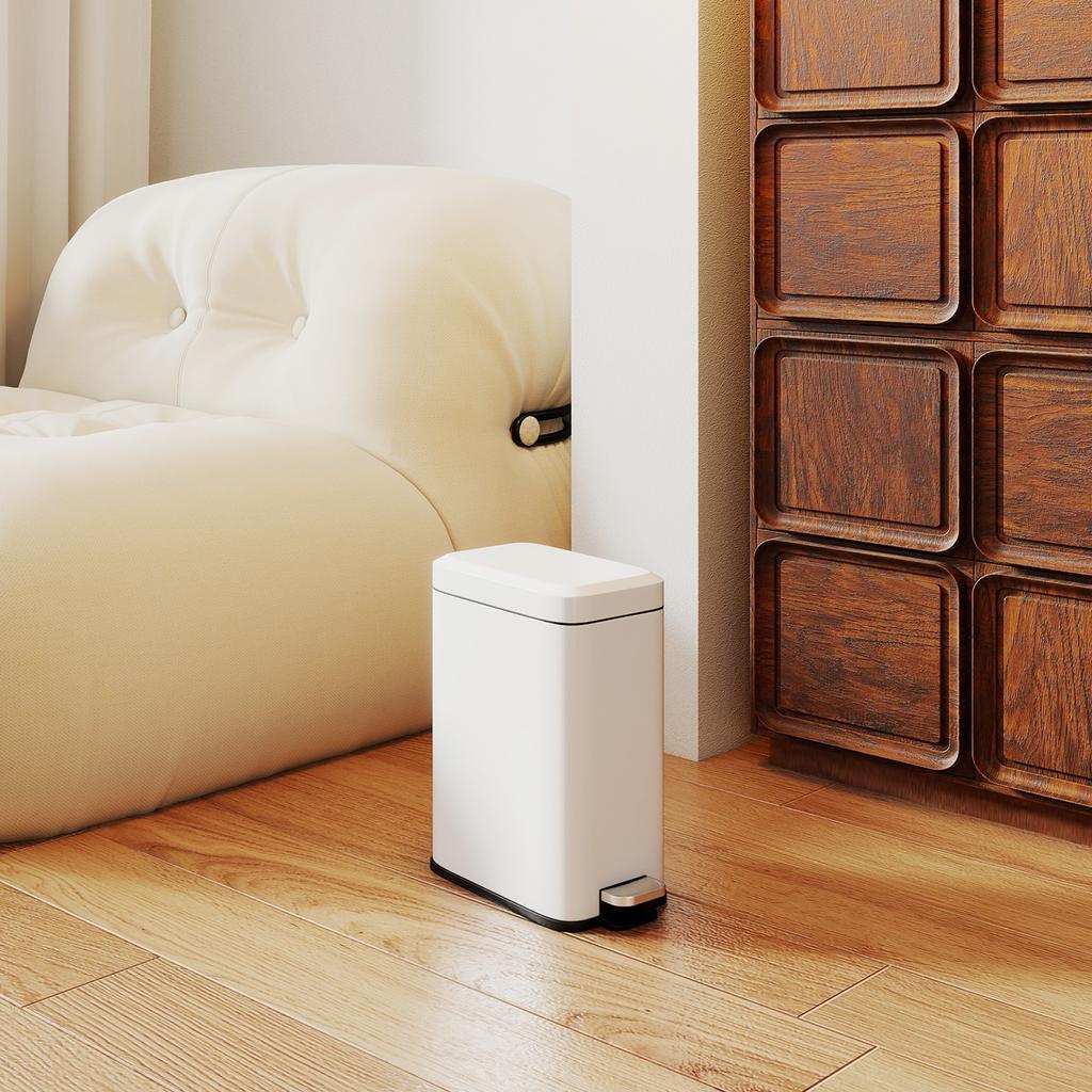 5L Rectangular Compact Bin Steel Body Removable Bucket Quiet-Close Lid W/ Pedal Lid Rubbish Trash Can Home Office Bedroom Bathroom Living Room