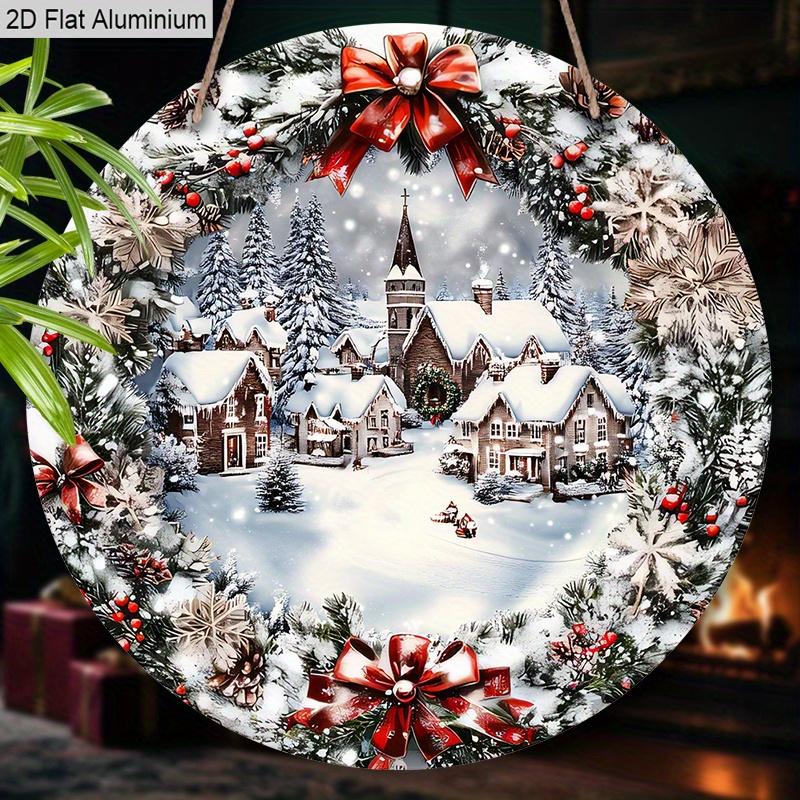 2D Flaches Aluminium-Weihnachtsschild mit Schneemannhaus-Muster - Weihnachtsfiguren-Anhänger - Ideal für Haustür, Wand, Veranda, Fensterdekoration - Ideal