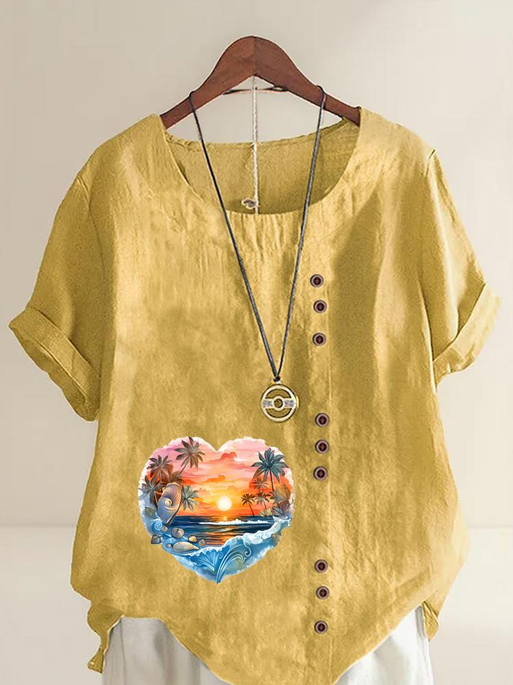 Women's Fashion Heart Shaped Scenery Print Round Neck Short Sleeve T-shirt Casual Cotton Linen Graphic Shirt Leisure Loose Summer Blouse Tops