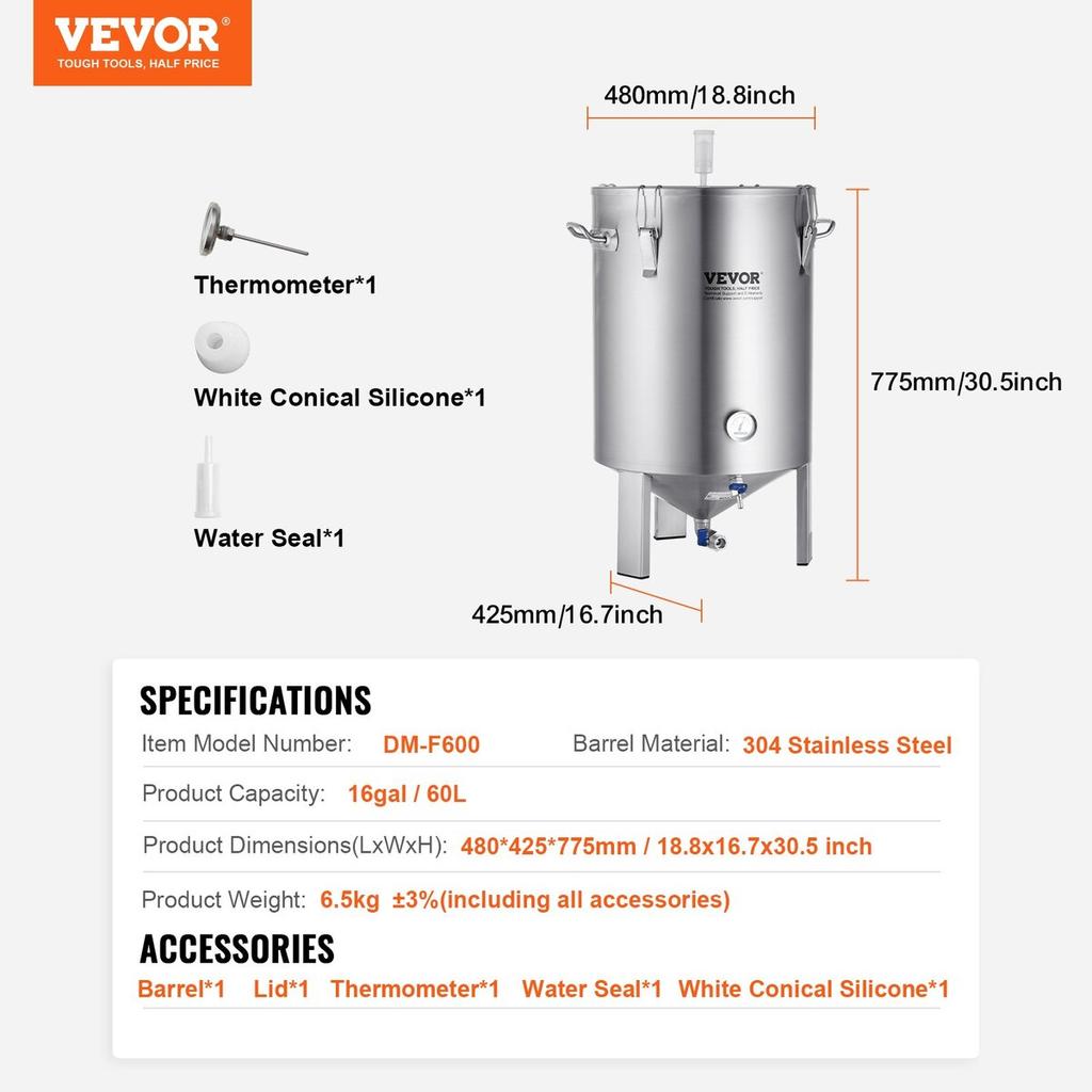 304 Stainless Steel Kettle, 60 L Beer Brew Fermentor, Brew Bucket Fermentor for Brewing, Home Brewing Supplies with Base, Kettle Stock Pot Includes
