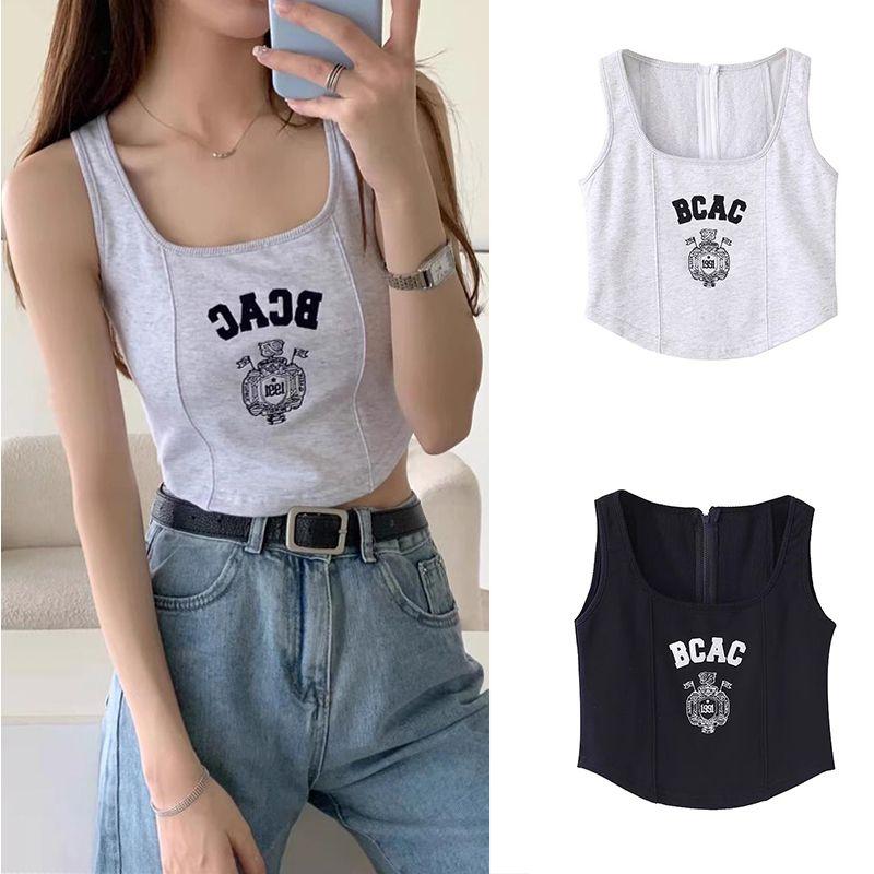 Badblood Sexy Camisole Women's Short Niche Style Trendy Letters Embroider Back Zipper High Waist Silm Tops