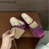 Fashion SUOJIALUN 2025 Spring New Women Flat Slipper Fashion Round Toe Slip On Mules Shoes Low Wedge Heel Outdoor Dress Sandal Slides Sh