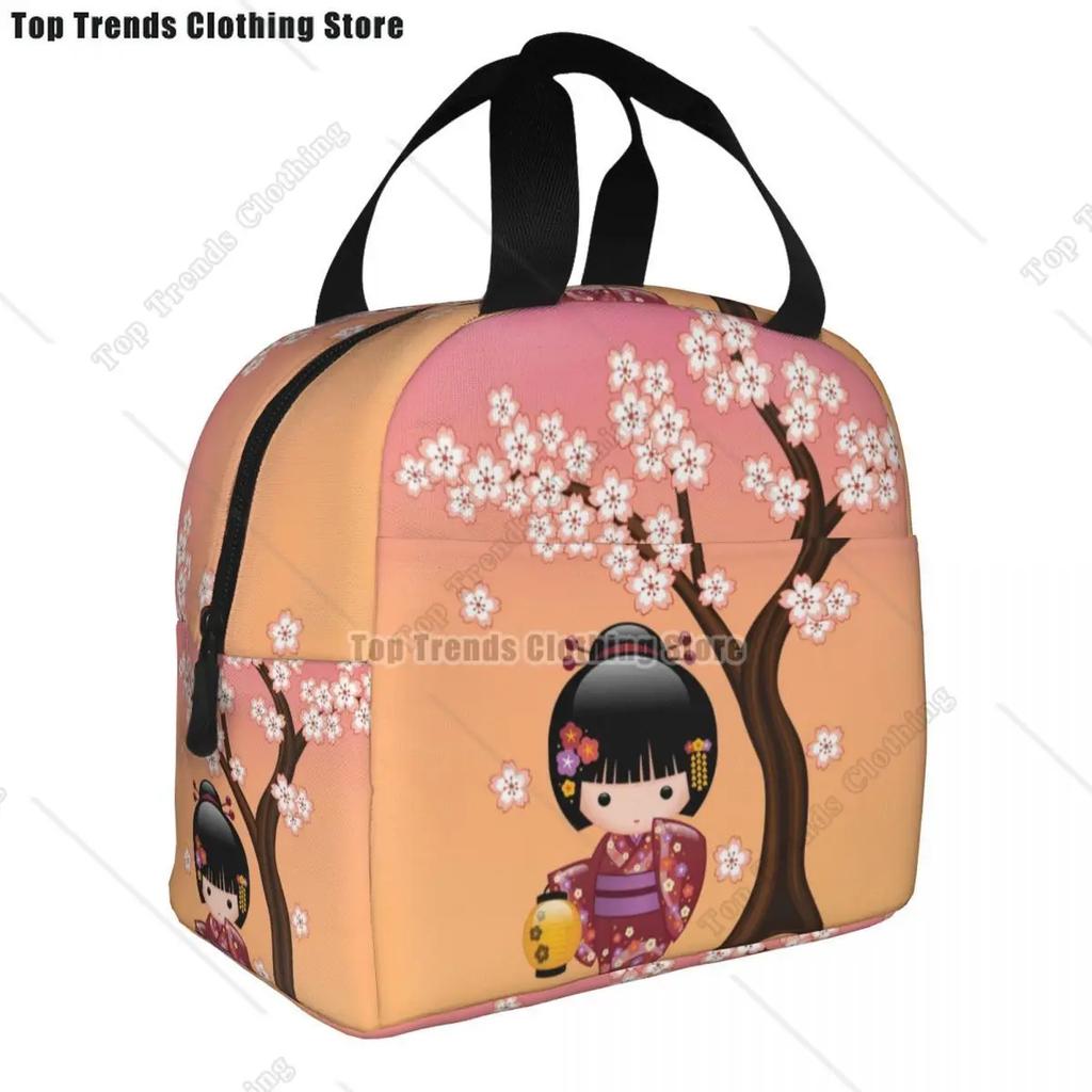 Japanese Keiko Kokeshi Doll Insulated Lunch Bag Cute Design Kimono Geisha Dolls Girls Cooler Thermal Bento Box Lunch Boxes