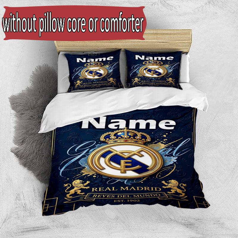 3-teiliges Bettbezug-Set (1 * Bettbezug + 2 * Kissenbezug, ohne Kern), Benutzerdefiniertes Namens-Bettwäsche-Set mit Real Madrid CF-Muster, Geschenk für die Heimschlafzimmer-Dekoration