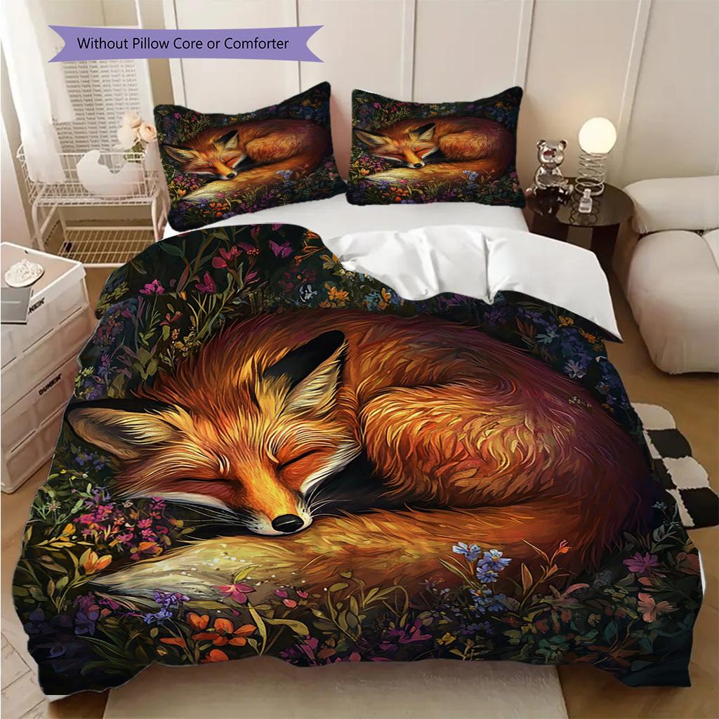Fuchs-Muster Bettwäsche Steppdecke Set Bettbezug Kissenbezug Heimdekoration Geburtstagsgeschenk (1 Bettbezug + 2 Kissenbezüge, ohne Füllung)
