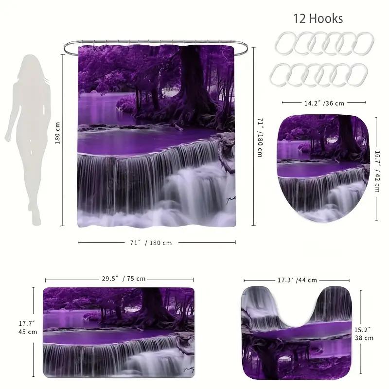 4pcs Purple Hot Spring Waterfall Shower Curtain Set Waterproof Fabric Bath Curtain with 12 Hooks Non Slip Rug U Shaped Mat Toilet Cover Bathroom Decor