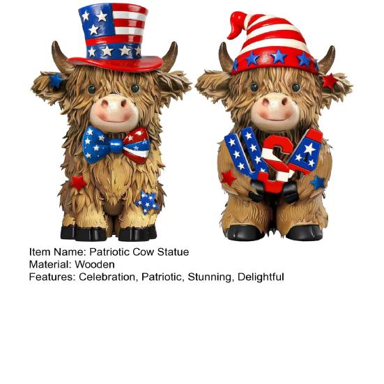 2 Pcs Patriotic Highland Cow Figurine 4th of July Red White Blue Wooden Cow Statue for Memorial Day Farmhouse Tiered Tray Home Table Shelf Decor