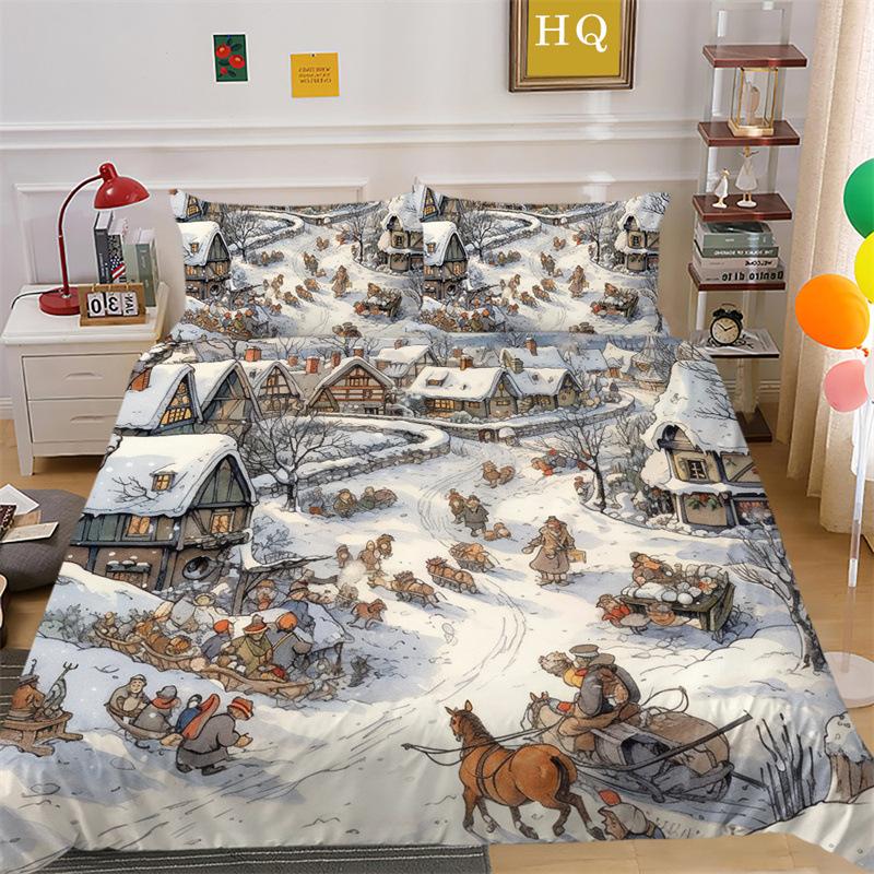 Christmas Snow Scene 3D Printed Polyester Pillowcase Quilt Cover Two Or Three Piece Set