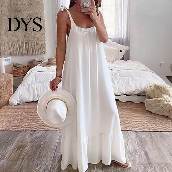 Loose Fit Summer Dress Women's Casual Tie Shoulder Sleeveless Square Fresh Natural Look Neck Maxi A-Line Ruffle Flowy Beach Sundress Spring