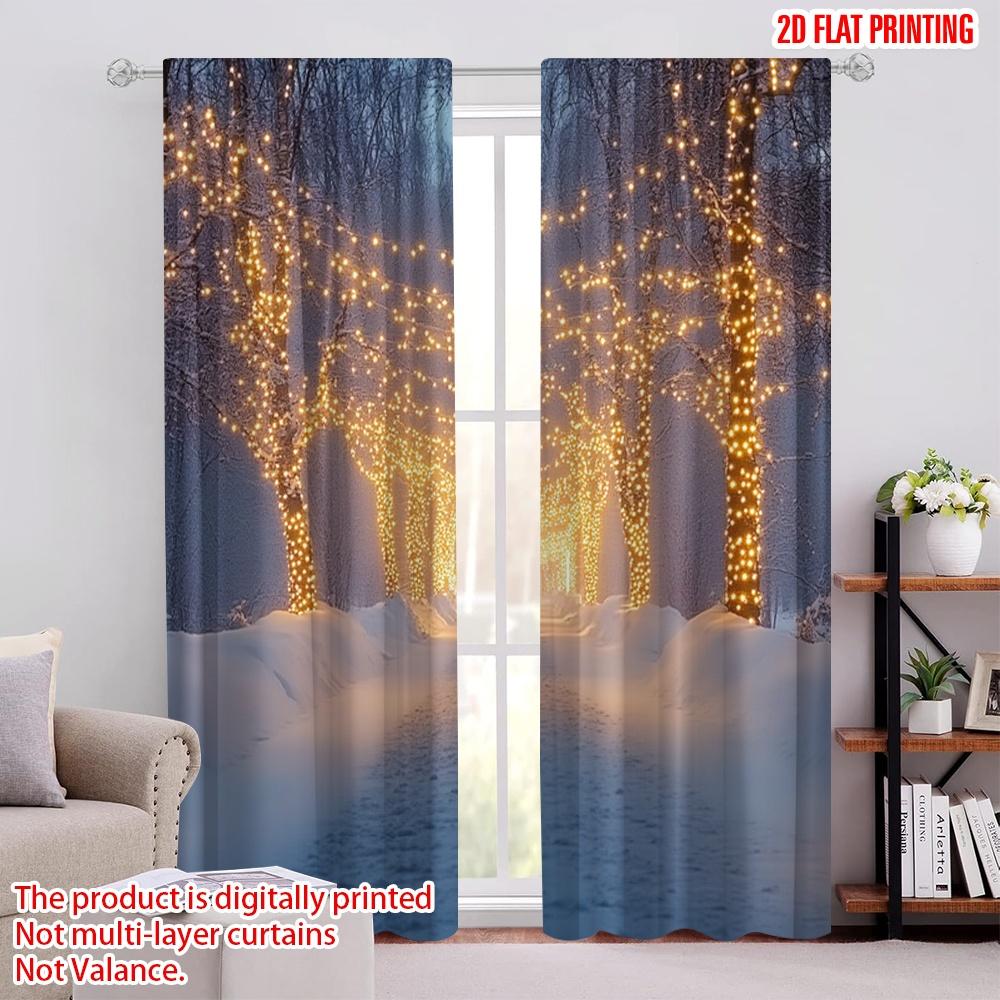 

Flat Printing Christmas Curtains Snow Forest Polyester Without Electricity Festive Holiday Use New Year Curtain Set Of 2 Made Washable W100*H70(CM)-Grommet top&2PCS