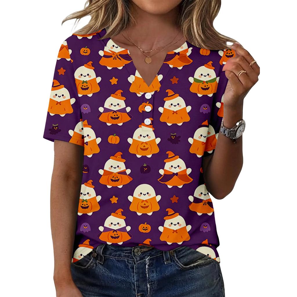 Women's Casual Halloween Print V Neck Short Sleeve Button Front T Shirt Top for Everyday Wear and Seasonal Events