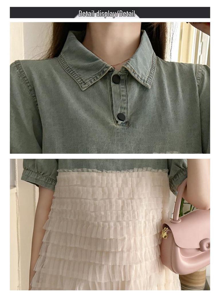 Summer Denim Patchwork Mesh Maternity Dress - Casual Loose-Fitting Sweet Outerwear