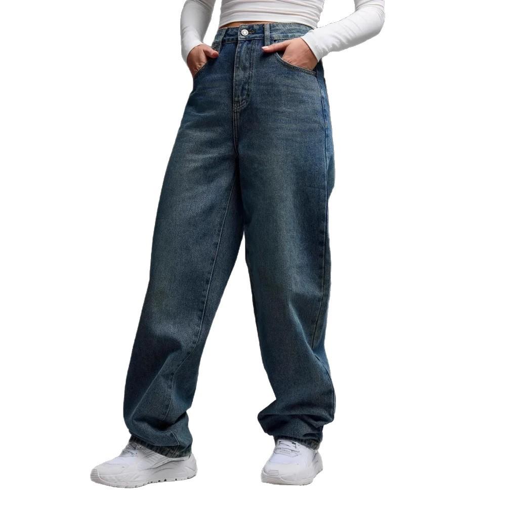 Damjeans Hög Midja Rakt Ben Stretchiga Jeans Trendiga Lösa Vida Ben Denimbyxor med Fickor Casual Baggy Jeans Denimbyxor för Kvinnor