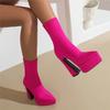 Women Platform Ankle Boots High Thick Heels Pointed Toe Rosy Red Purple Stretch Satin Party Club Lady Autumn Slip-on Short Boots