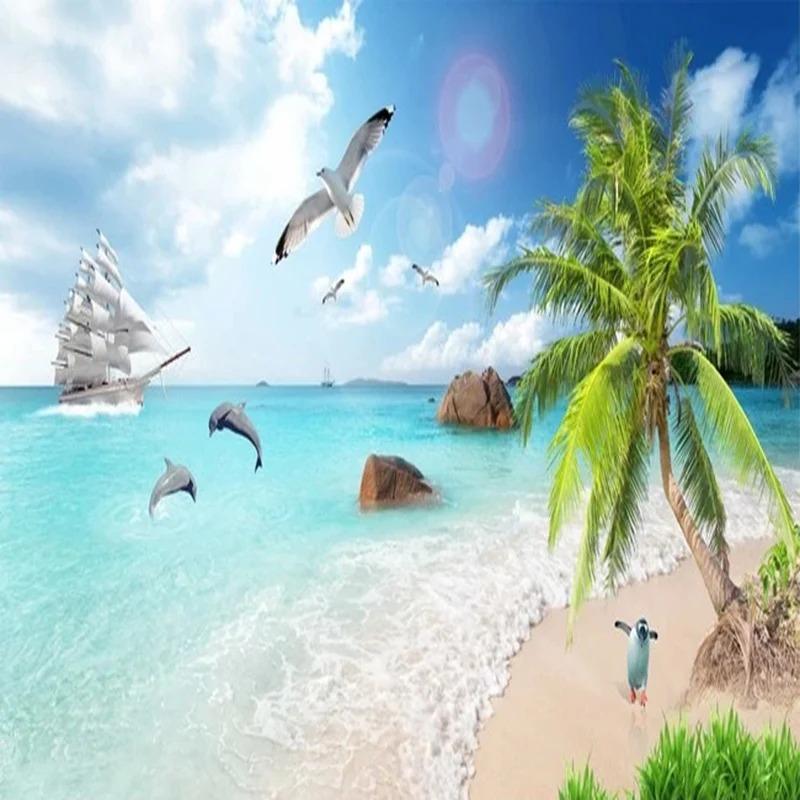 3d Seascape Scenery Wallpaper Coconut Tree Beach Fresco Living Room Tv Sofa Bedroom Wall Mural Decor