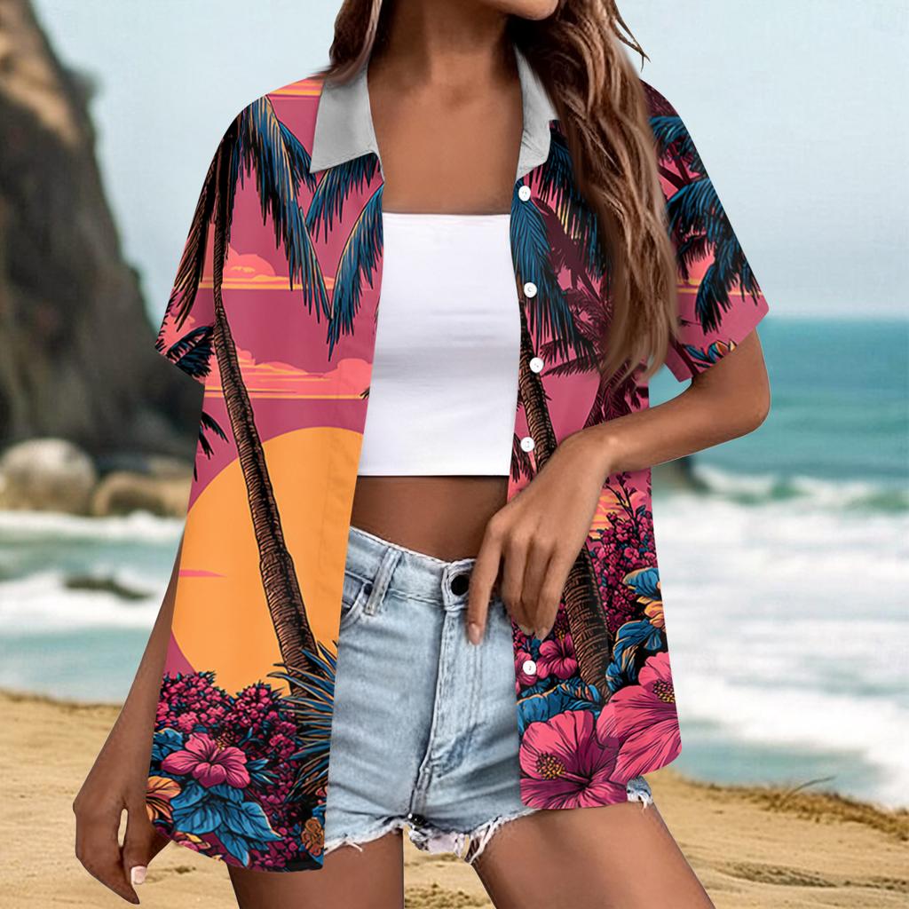 Women's fashionable casual Hawaiian print short-sleeved button-down collar shirt top