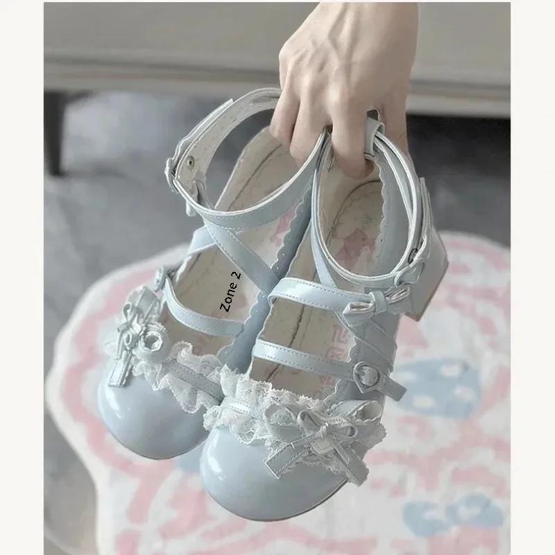 Fashion Lolita Red High Heels Cute Pumps Shoes Spring Autumn Lace Thick High Heels Single Shoes Patent Leather Mary Jane Women's Shoes