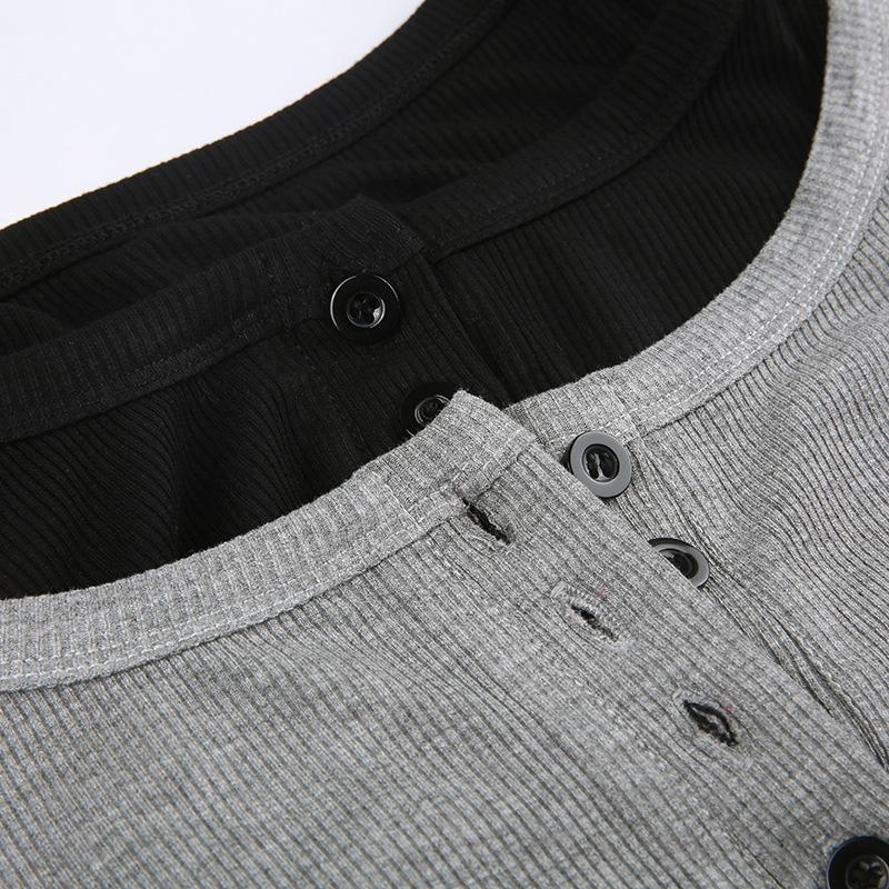 Women Splicing Against Color Semi-open Collar Button Top Retro Off-the-shoulder Slim Showing Leggings T-shirt