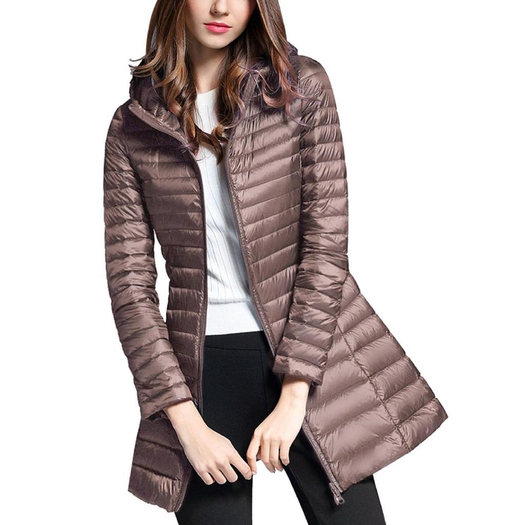 Damen-Steppmantel mit Kapuze, langärmelig, warm, für den Winter, Reißverschluss, Midi-Länge, Oberbekleidung