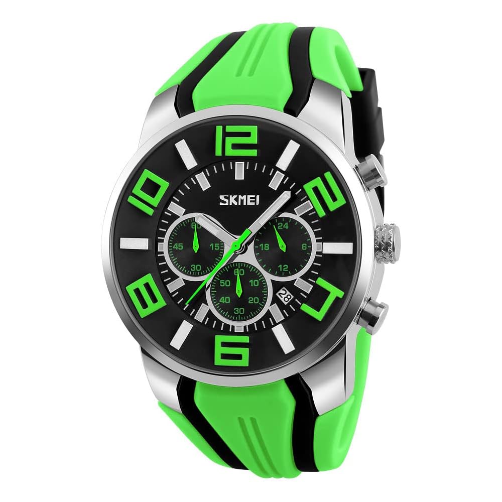 Men s Silicone Sports Watch Big Face Chronograph Waterproof Casual Analog Quartz Green