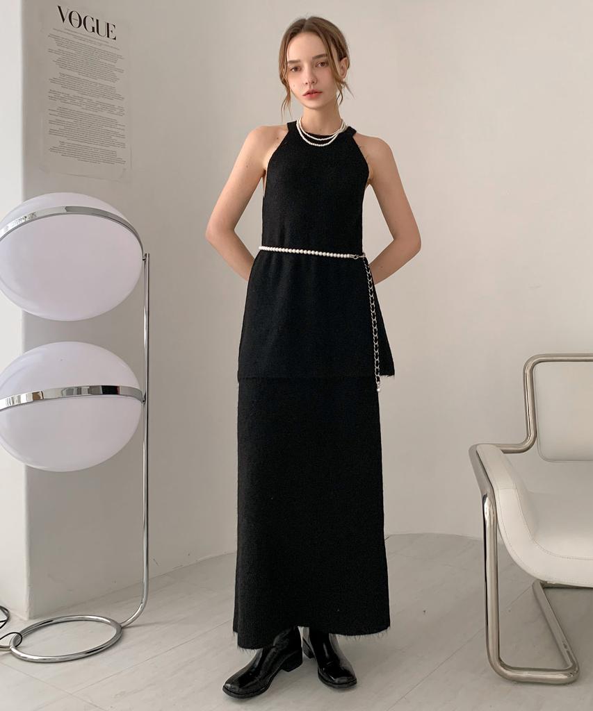 Baseukala [Set] Halterneck Long Knit Top+Skirt Set-Up Black