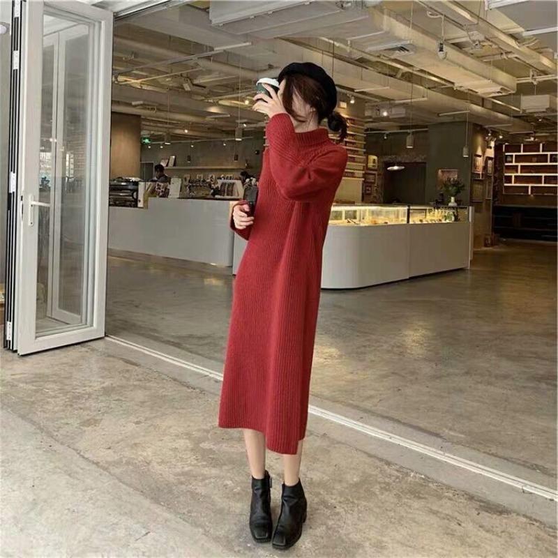 Christmas Red Temperament Slim Fit with Bottom Sweater Knitted Dress Women's Autumn and Winter with Coat Long Skirt