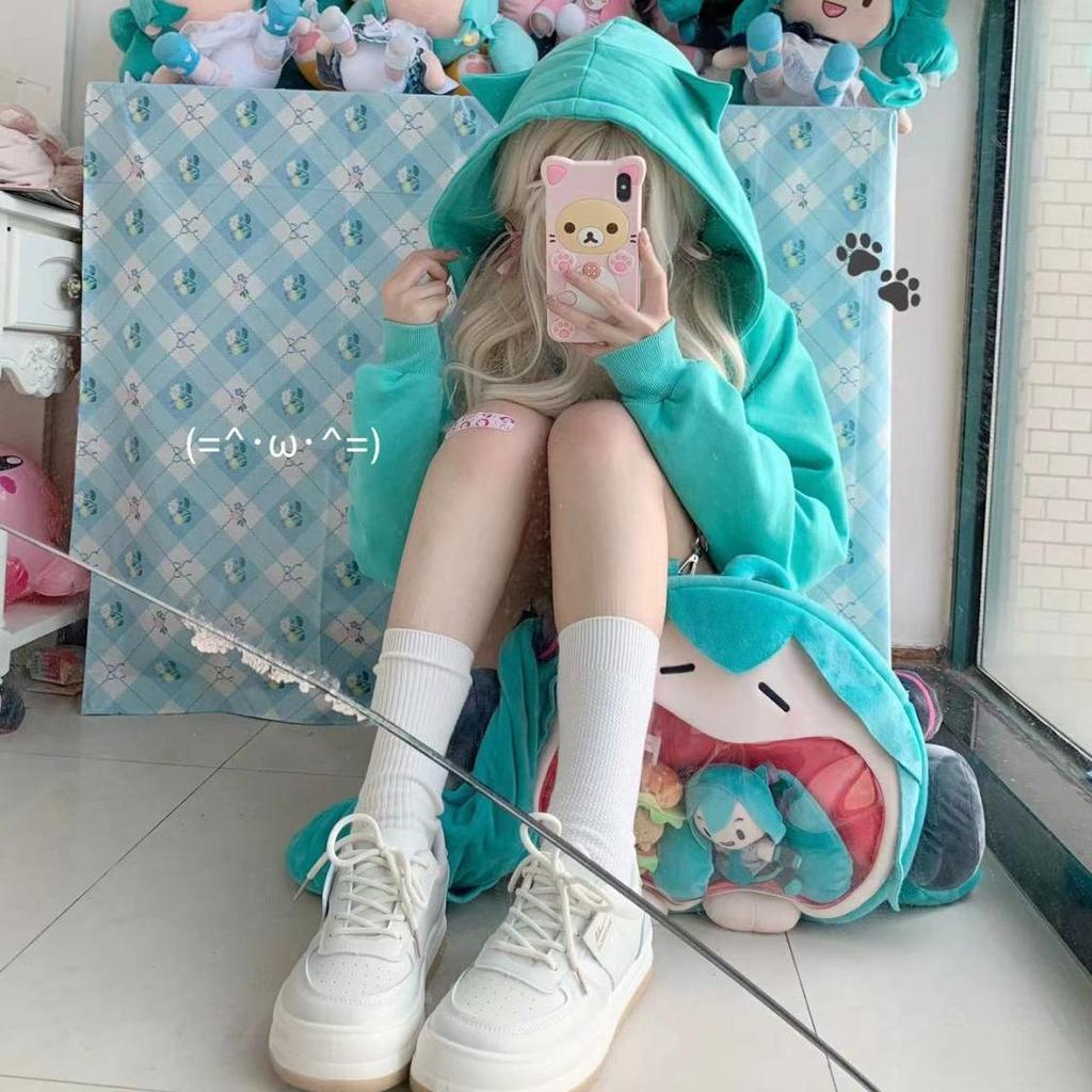 Harajuku Kawaii Y2k Style Hoodies Women Japanese Style Sweet Cat Ear Zip Up Oversized Sweatshirts Hooded Jacket