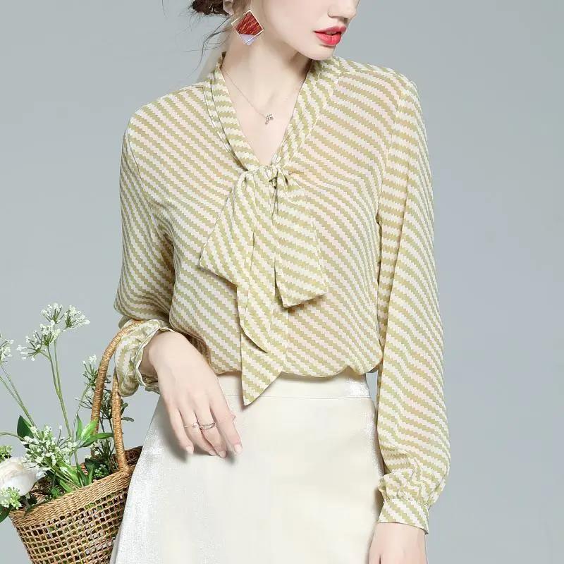 Dámská šifonová košile na jaro a podzim s dlouhým rukávem a pruhovanou mašlí