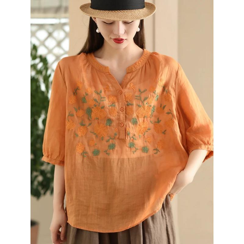 DIMANAF 2025 Summer Plus Size T-Shirt Women Embroidery Short Sleeve V-Neck Vintage New Loose Tops Tees Maxi