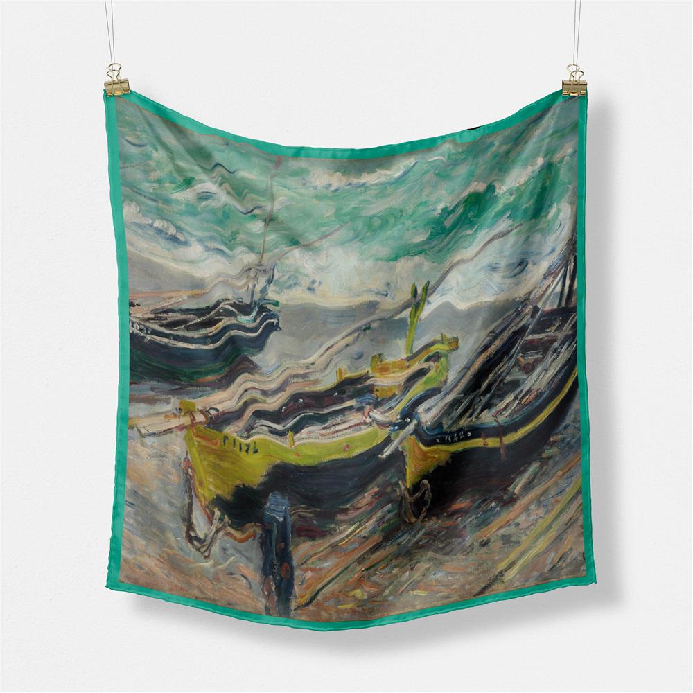 POBING Twill Silk Scarf Women Oil Painting Square Scarves Wraps Bandana Small Hijab Lady Foulards Tie Headband Neckerchief 53CM