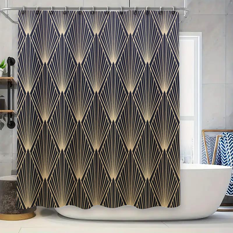 Art Deco Shower Curtain Decorative Waterproof Fabric Bathtub Bath Liner Home Decoration in Black Gold 90x180cm