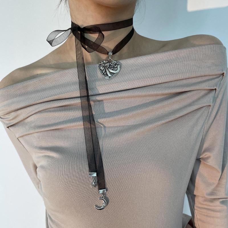 Korean Style Rope Neck Chain Necklace For Women Charm Metal Heart Pendant Collar Chain Choker Fashion Party Jewelry