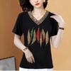 Tops, Trendy Mothers Wear Hot Diamond V-neck Short-sleeved T-shirts, Women's Summer Ladies, Large Size Belly Bottoming Shirt