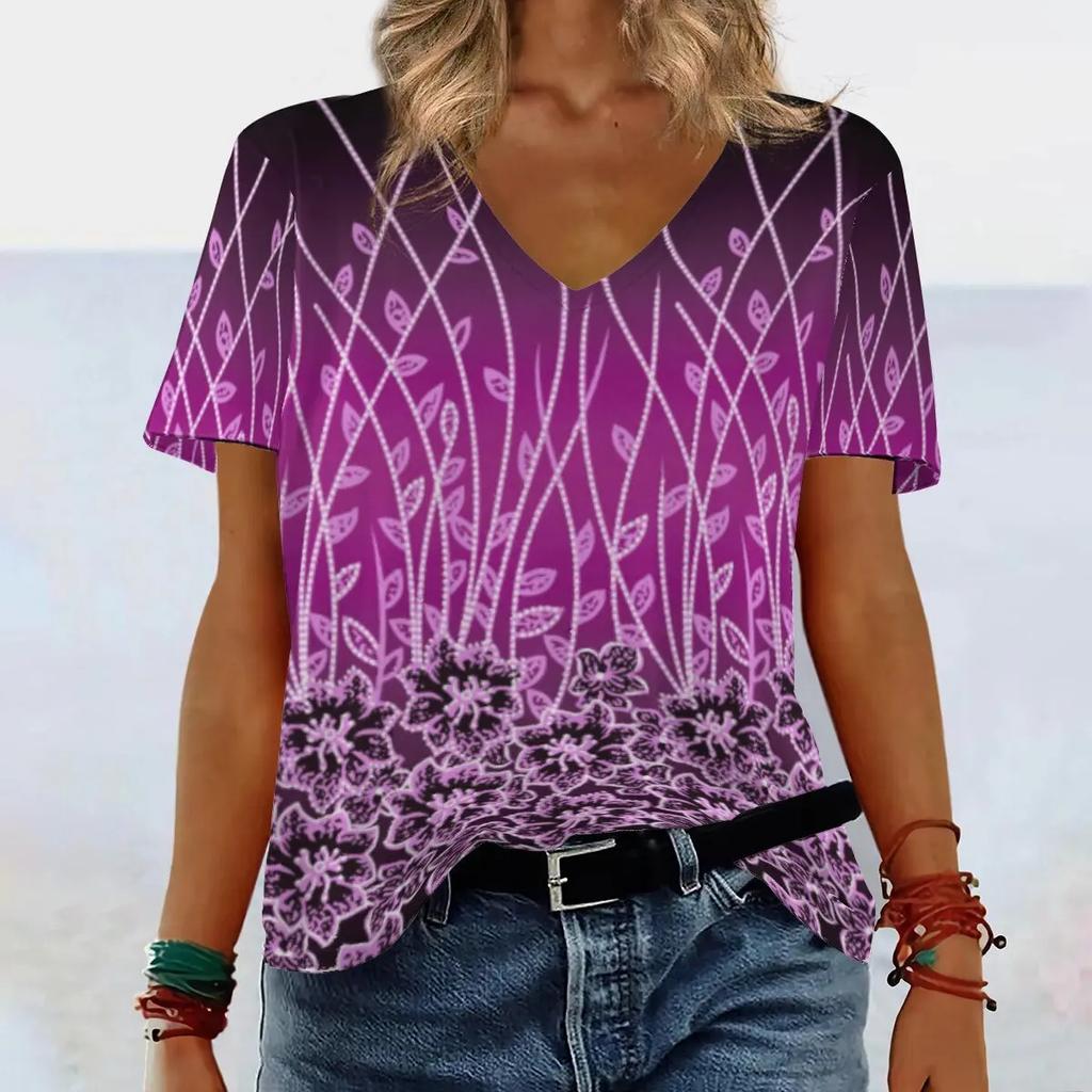 Summer V-neck 3D Gradient Printed Top Fashionable Casual Short Sleeved Women's T-shirts