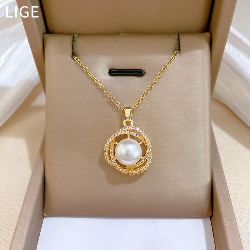 Bird'S Nest Pearl Zircon Light Luxury Temperament Gorgeous Full Diamond Necklace Female Versatile Clavicle Chain Titanium Steel