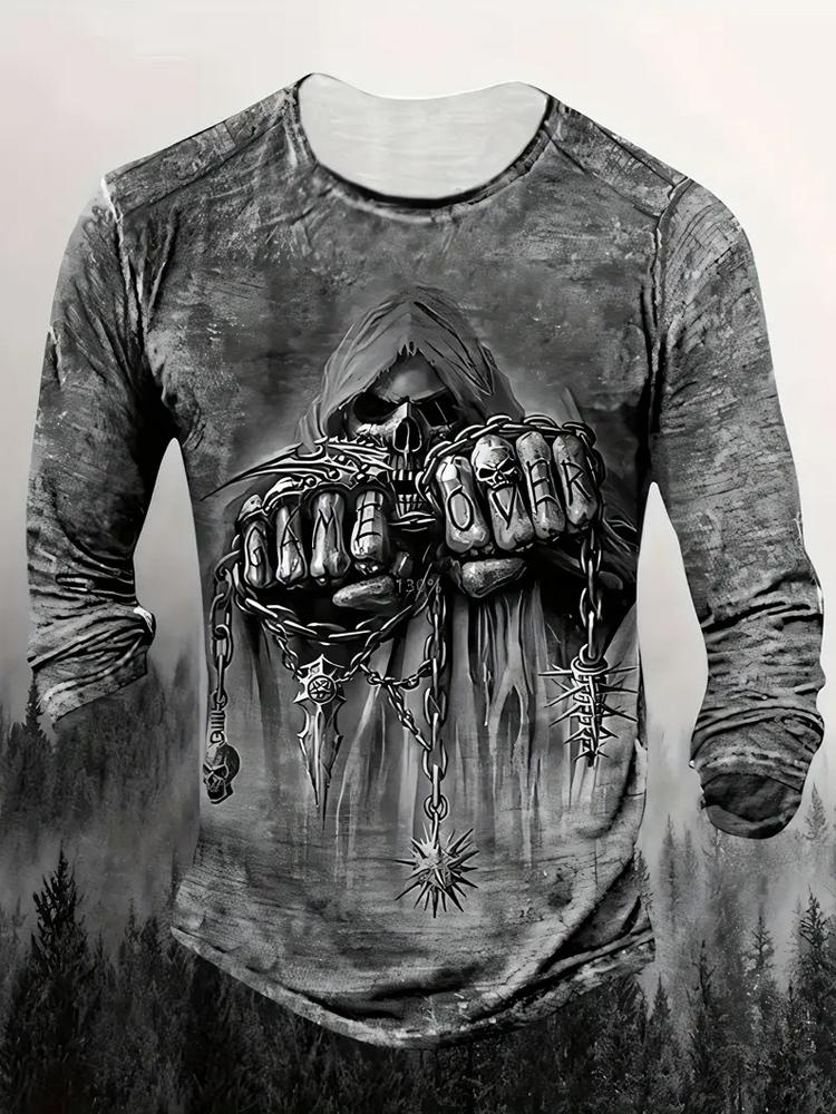 

Мужская полиэстеровая футболка с длинным рукавом, 3D готическим принтом Game Over на костяшках, повседневного стандартного кроя XL серый