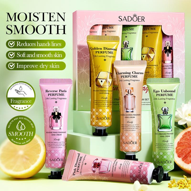 5 Stück Parfüm Duft Handcreme Set Feuchtigkeitsspendende Nicht Klebrige Handcreme Pflegende Feuchtigkeitsspendende Anti-Falten Handhautpflege