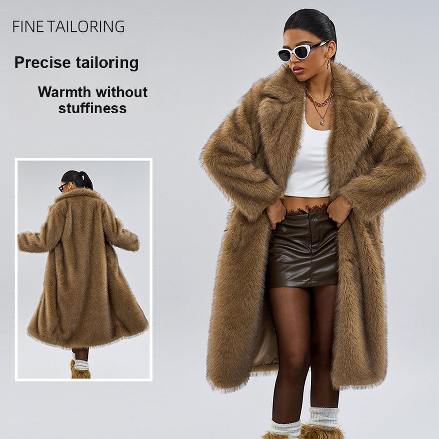 Winter Damen Extra Langer Kunstpelzmantel mit Westkragen, Heißverkauf Kunstpelzjacke