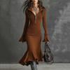 Women's 1/4 Zipper Bell Sleeve Sweater Long Fishtail Dress Knitted Tight Dress