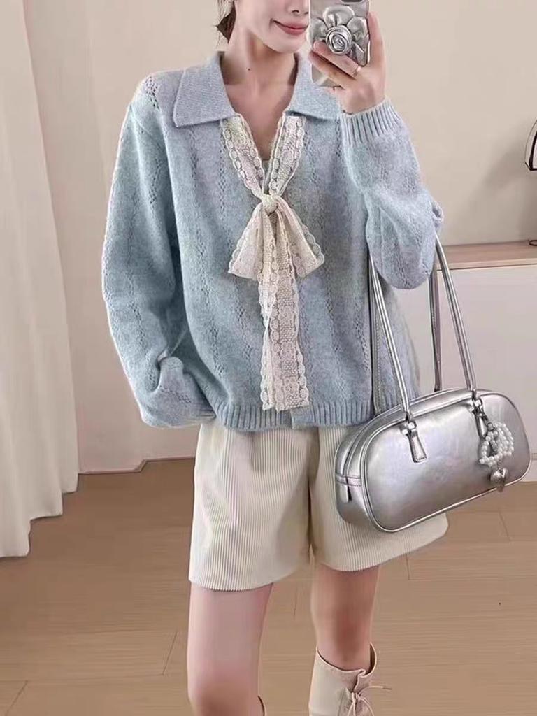 Lace Lace-up Lapel Knitted Cardigan Top Autumn and Winter New Loose Lazy Sweater Jacket Women