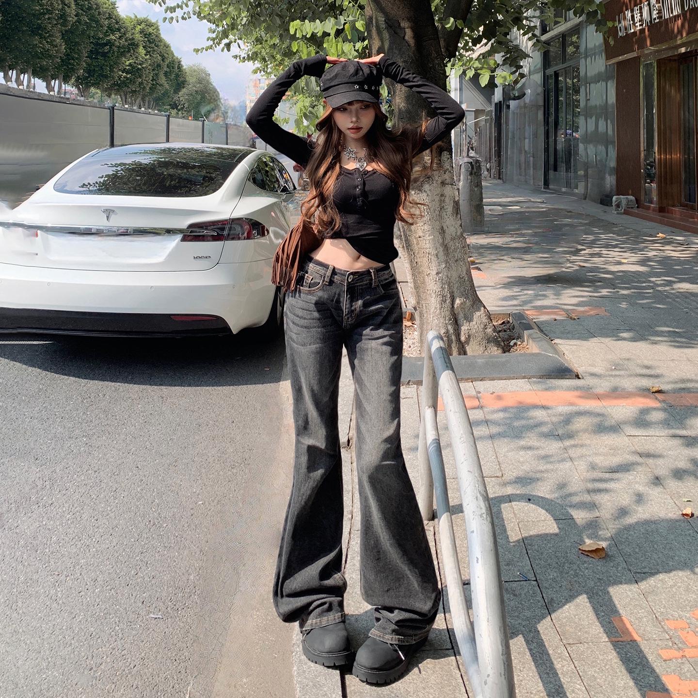 

Ретро Джинсы Клеш с Потертостями и Заниженной Талией для Горячей Девушки, Облегающие и Эластичные для Женщин - Модные Универсальные Брюки на Осень/Зиму XS