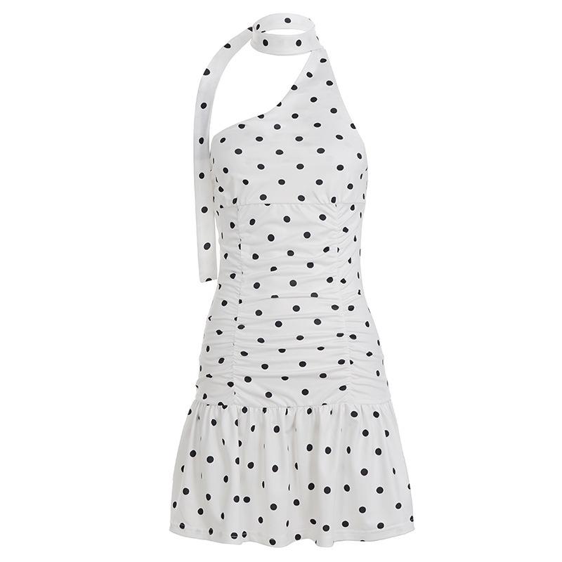 

Polka Dot One-Shoulder Slimming Ruffled A-Line Dress Large