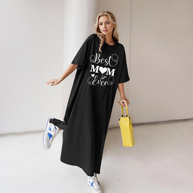 2026 Women's Summer Loose Plus Size Letter Print T-Shirt Dress - Over-the-Knee Short Sleeve