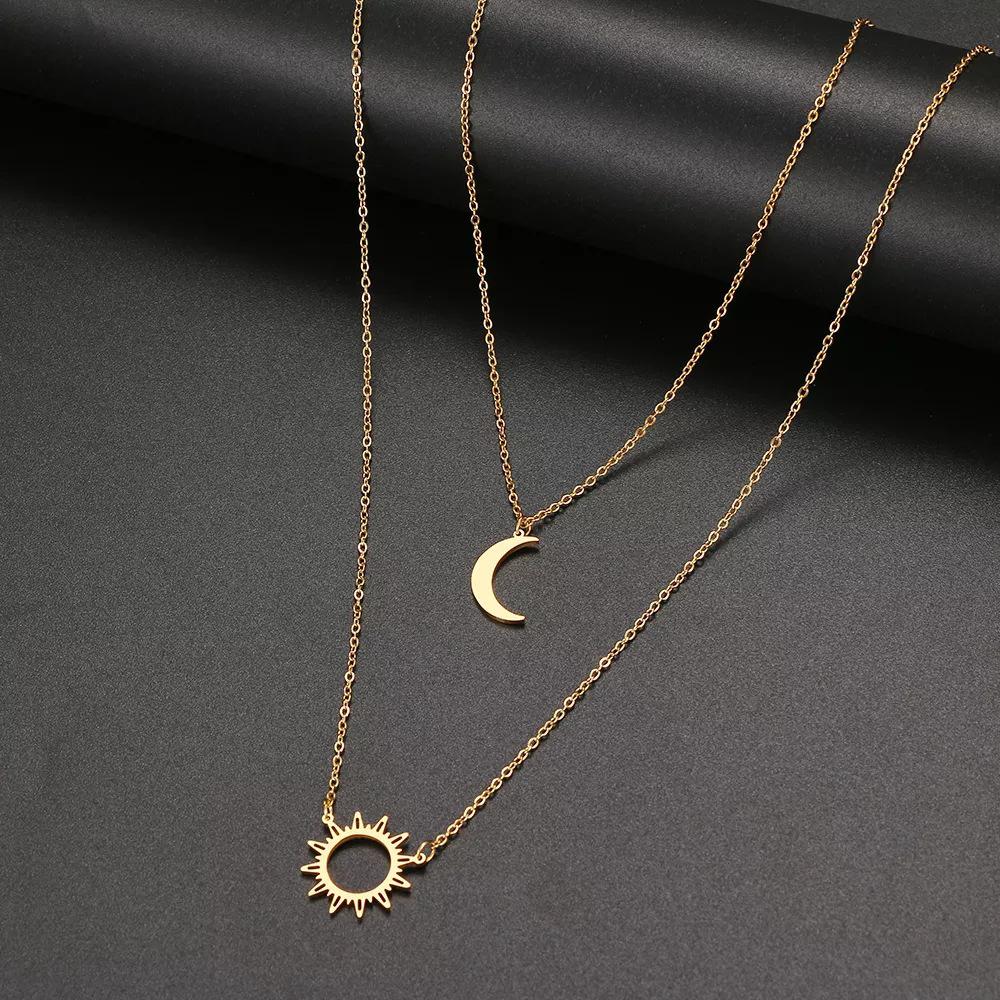 Elegant Titanium Steel Sunflower Moon Double Chain Pendant